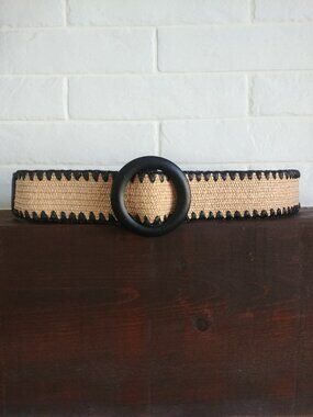 Woven tan straw look wide belt with black detail and buckle S/M